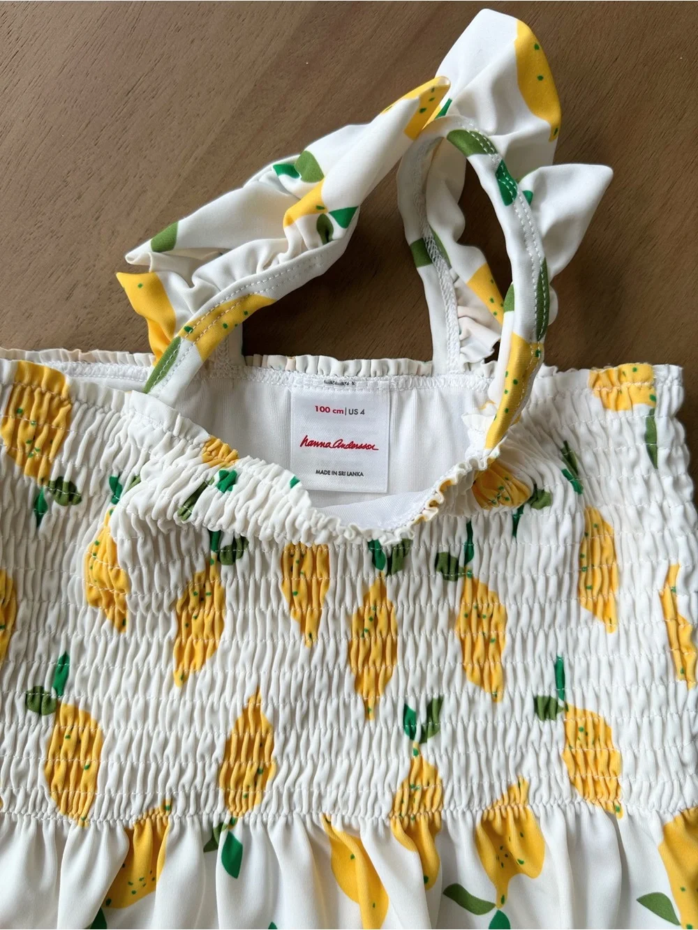 Hanna Andersson Girls Lemon Print Smocked Ruffle Swim Top, Size 4 / 100 cm, Whit